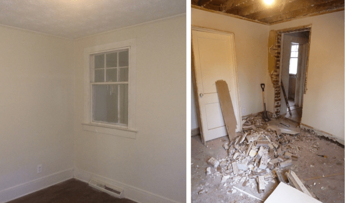 The original bedroom window was removed and the opening converted to a doorway.
